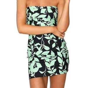 White Fox Strapless Black and Green Leaf Print Dress